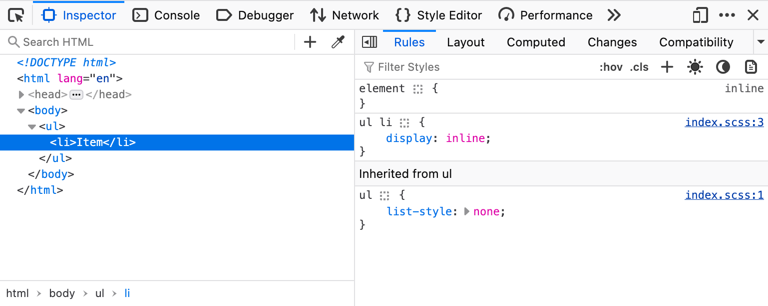 Firefox DevTools fokussiert auf das li-Element im DOM-Inspektor. Das Stil-Panel zeigt transformiertes CSS ohne Verschachtelung und einen Link zur dritten Zeile der index.scss-Datei.