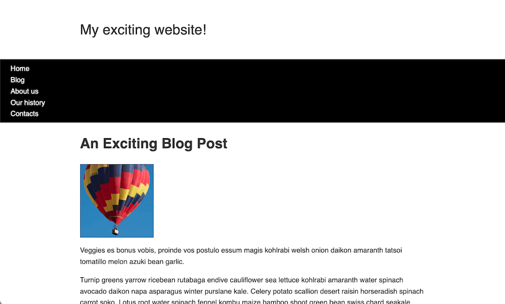 Ausgangspunkt der Layoutaufgabe. Die Elemente sind nicht ordentlich angeordnet. Es gibt einen Website-Titel, über einer schwarzen Navigationsleiste mit 5 linksbündigen Links, gefolgt vom Blogpost-Titel und dem Inhalt des Beitrags. Zwischen dem Blogtitel und dem Bloginhalt gibt es ein Foto, das linksbündig ist.