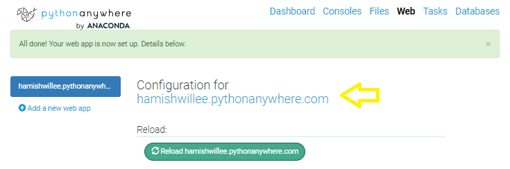 PythonAnywhere Web-Screen mit dem hervorgehobenen Link zum Öffnen der Site