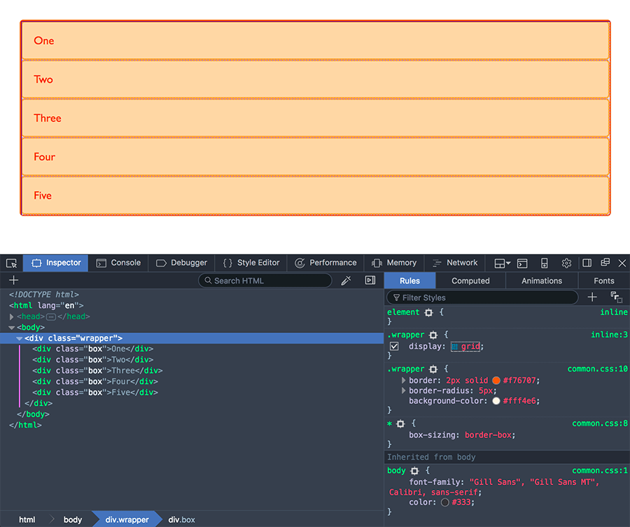 Verwendung des Grid-Highlighters in Firefox DevTools zur Anzeige eines Grids