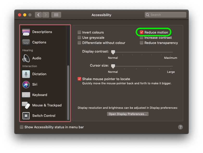 Capture d'écran montrant comment réduire les animations sur macOS
