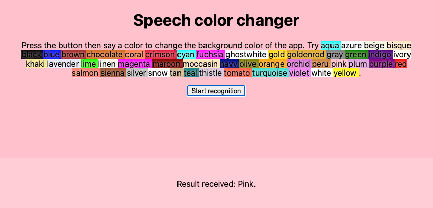 一款名为“Speech color changer”的应用的用户界面。它邀请用户点击屏幕并说出一种颜色，然后它将应用的背景变成该颜色。在本例中，它将背景变成了红色。