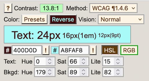 带有 HSL 和 RGB 的颜色选择器，以及颜色对比度值。